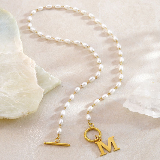 Elegant Stainless Steel Letter Pearl Pendant Ball Chain Necklace