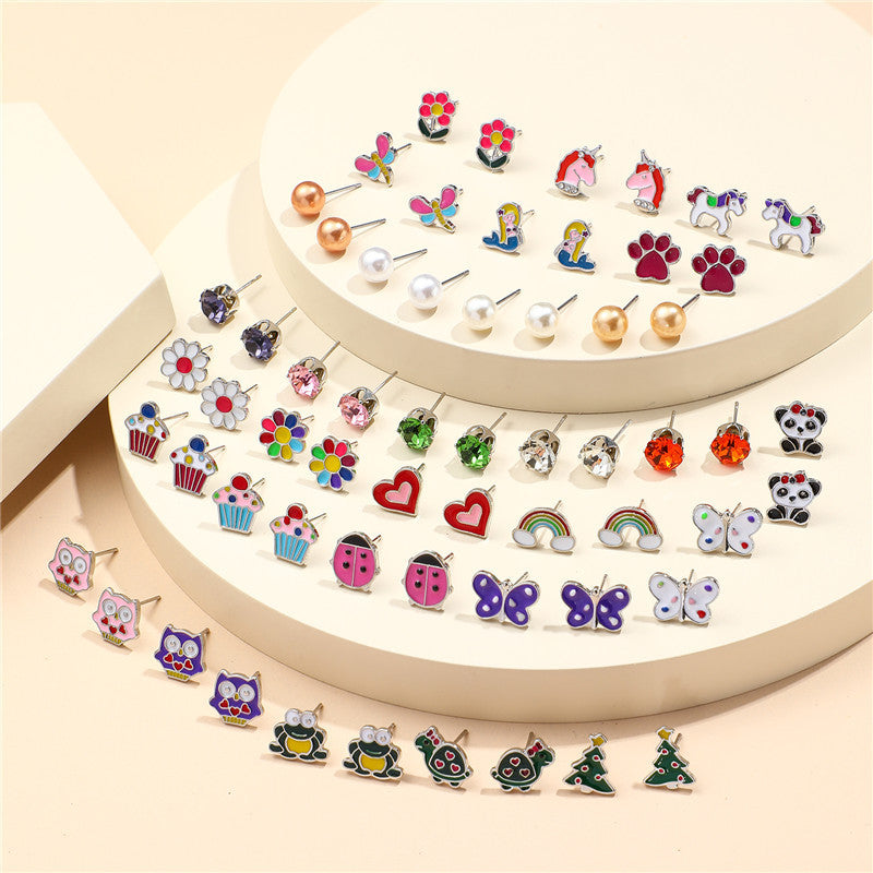 Cartoon Animal Stud Earrings Set for Kids Alloy Jewelry with Enamel Finish Rainbow Color Design