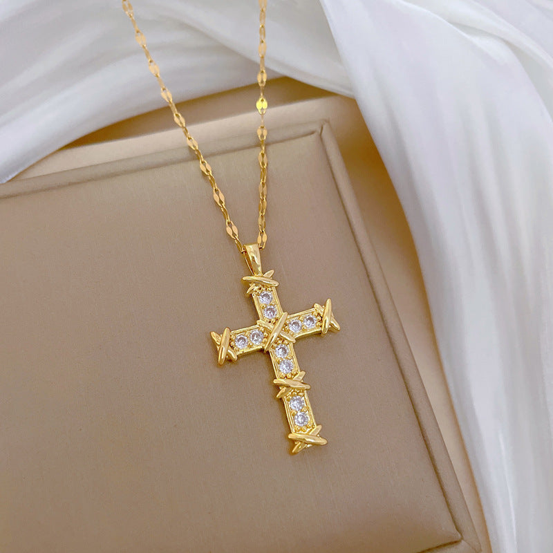 Collana Girocollo Lusso in Acciaio al Titanio con Strass a Croce Unisex