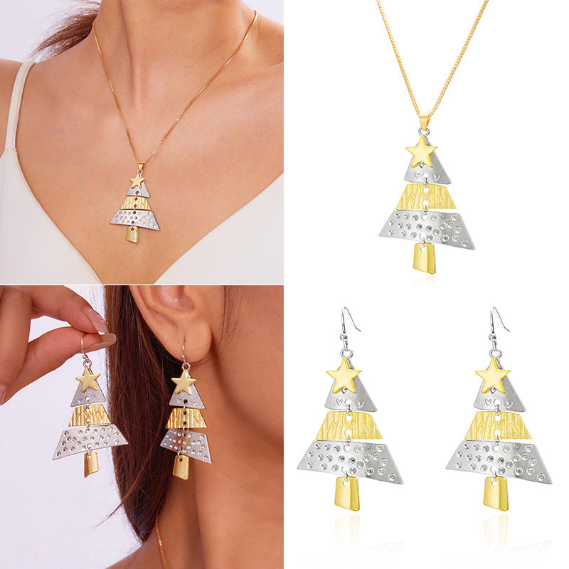 Collar Colgante de Árbol de Navidad para Mujer, Joyería Festiva en Forma de Estrella de Aleación con Acabado Chapado, Diseño de Cadena de Caja
