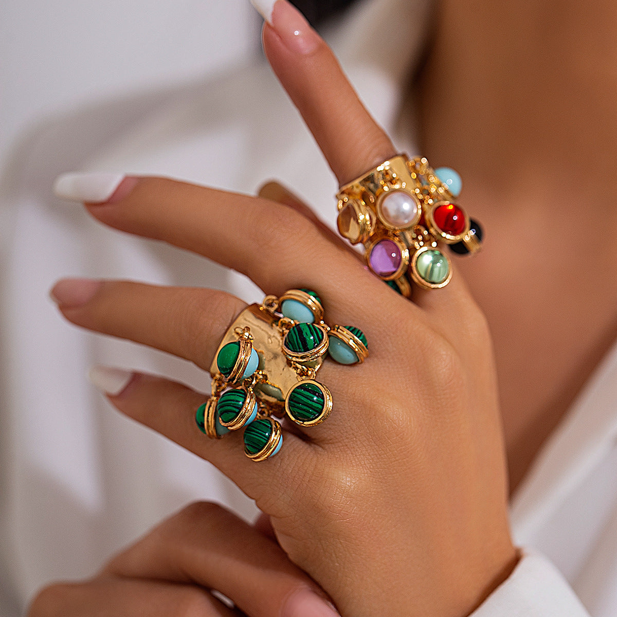 Vintage Palace Style Geometric Round Malachite Inlay Alloy Plated Open Ring for Women