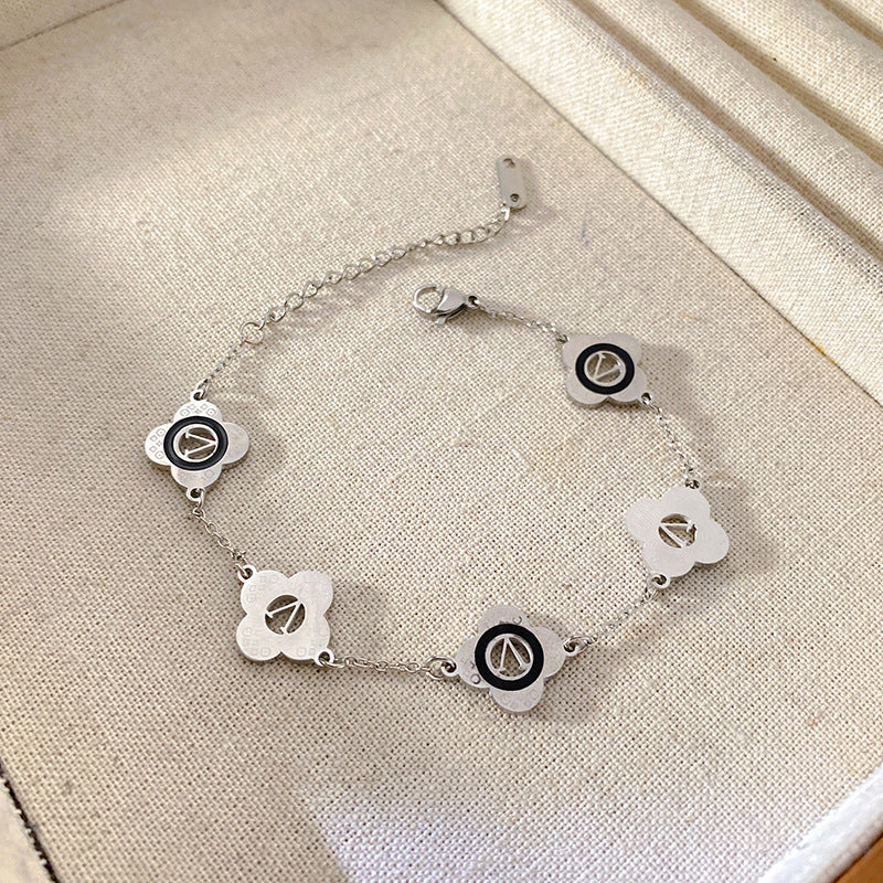 Minimalist Letter V Five-Leaf Flower Plated Titanium Steel Bracelet