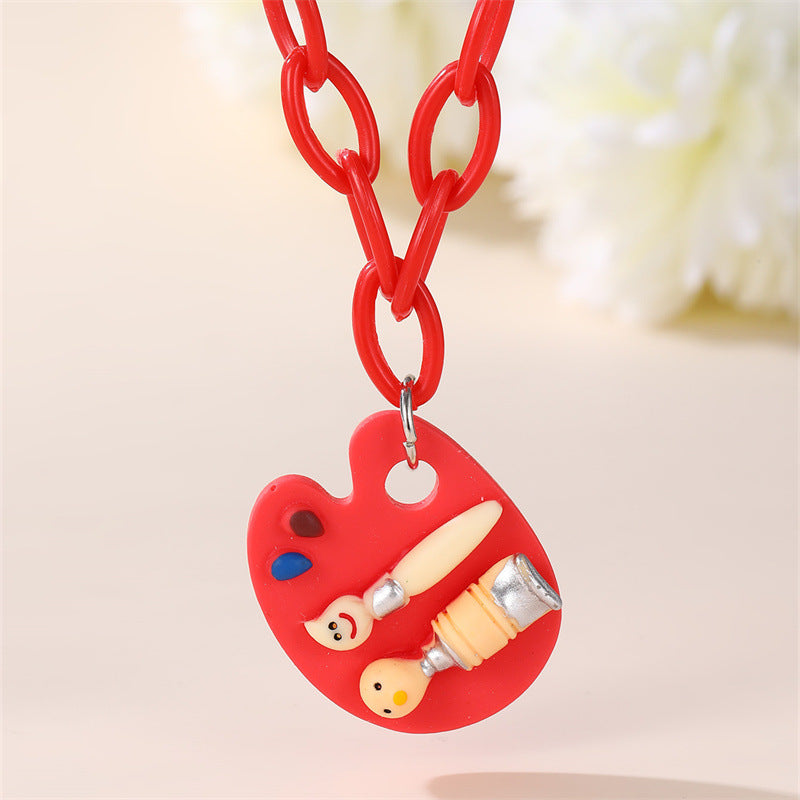 Minimalist Bowknot Acrylic Pendant Necklace for Girls with Enamel Finish and Beaded Chain