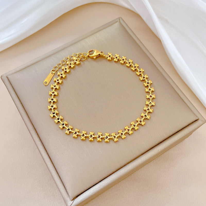Pulsera de Cadena de Caja de Acero Inoxidable Vintage con Dijes de Corazón y Hueso de Perro, Bañada en Oro