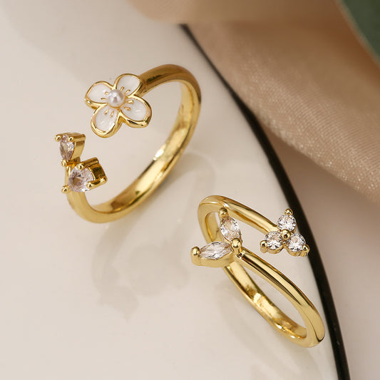 Minimalist Geometric Open Ring for Women with Enamel Finish and Micro-Pave Zirconia Floral Design