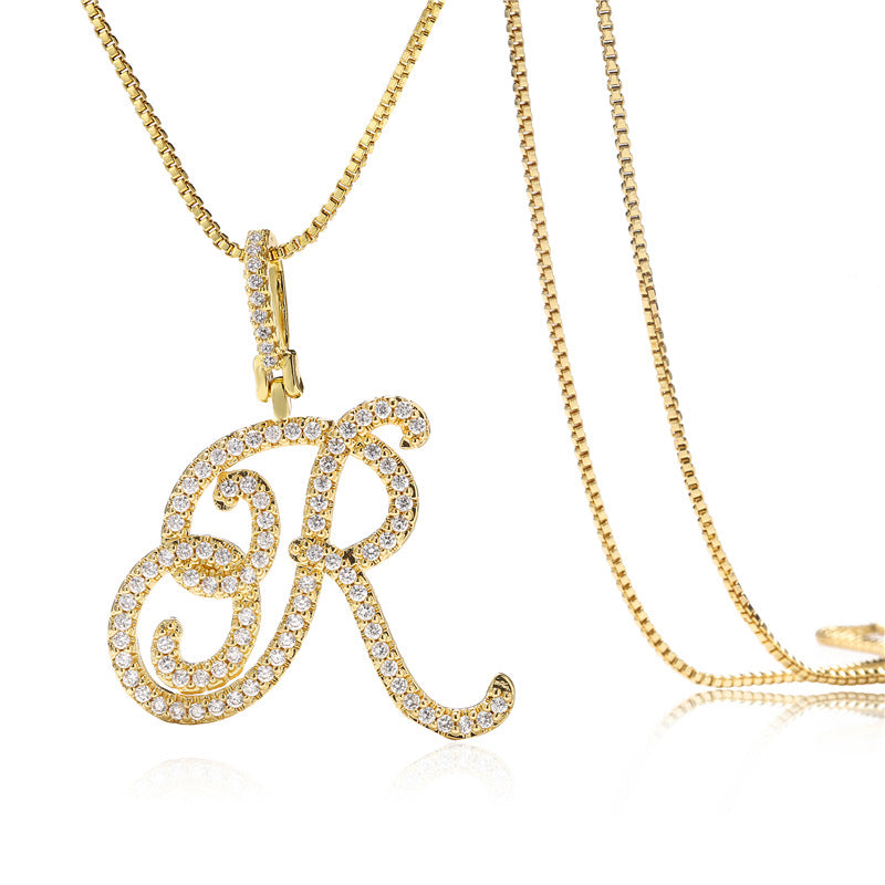 Minimalist Geometric Letter Pendant Necklace in Brass with Micro-Pavé Setting on Box Chain