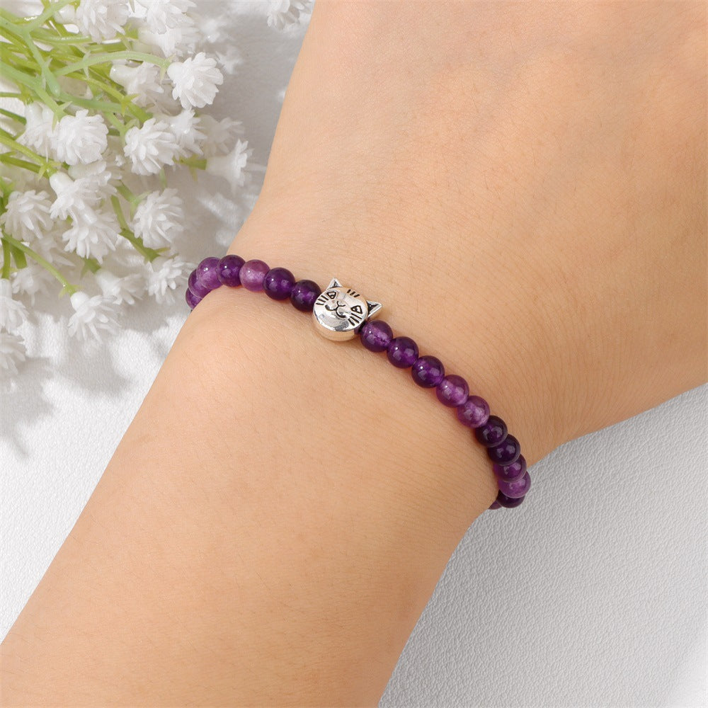 Amethyst Crystal Cat Bracelet for Women Handmade Elastic Bangle