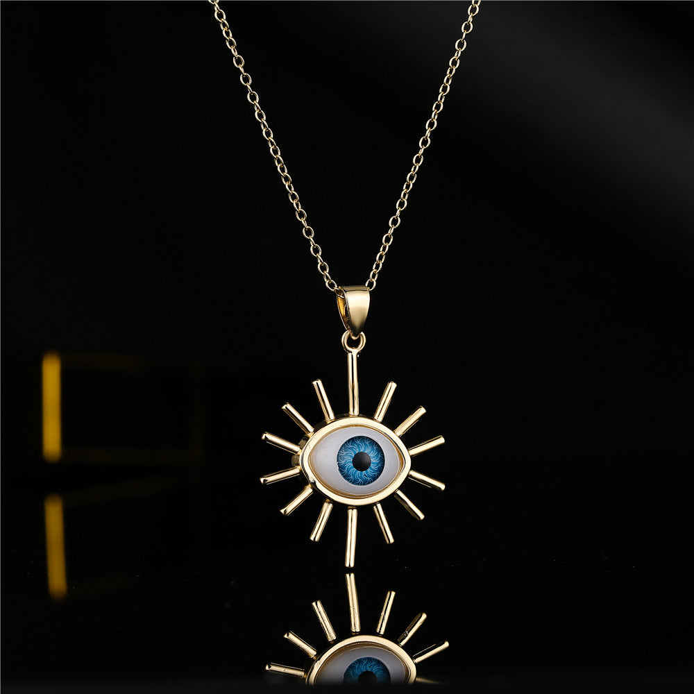 18K Gold Plated Brass Geometric Evil Eye Pendant Necklace with Cubic Zirconia Inlay on Cable Chain