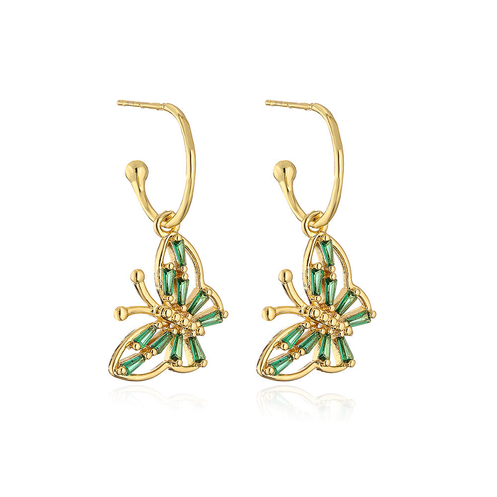 Eleganti Orecchini a Farfalla in Rame Stile Francese con Placcatura in Oro 18K e Intarsio di Zirconi da Donna