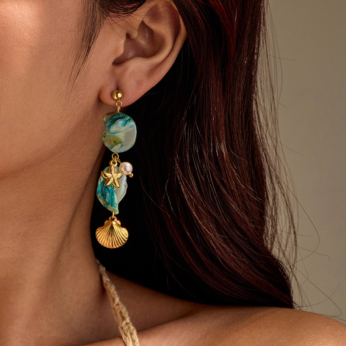 Pendientes de borla de acero inoxidable estilo playa bohemio con detalles de perlas y conchas de estrella de mar