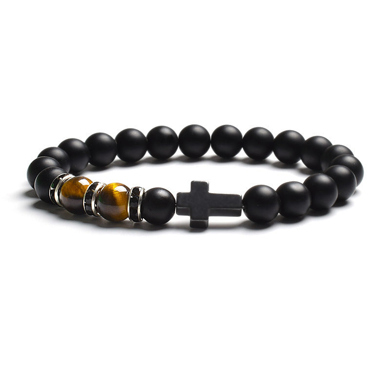 Vintage Cross Matte Stone Tiger's Eye Beaded Stretch Bracelet Unisex Geometric Handmade Jewelry