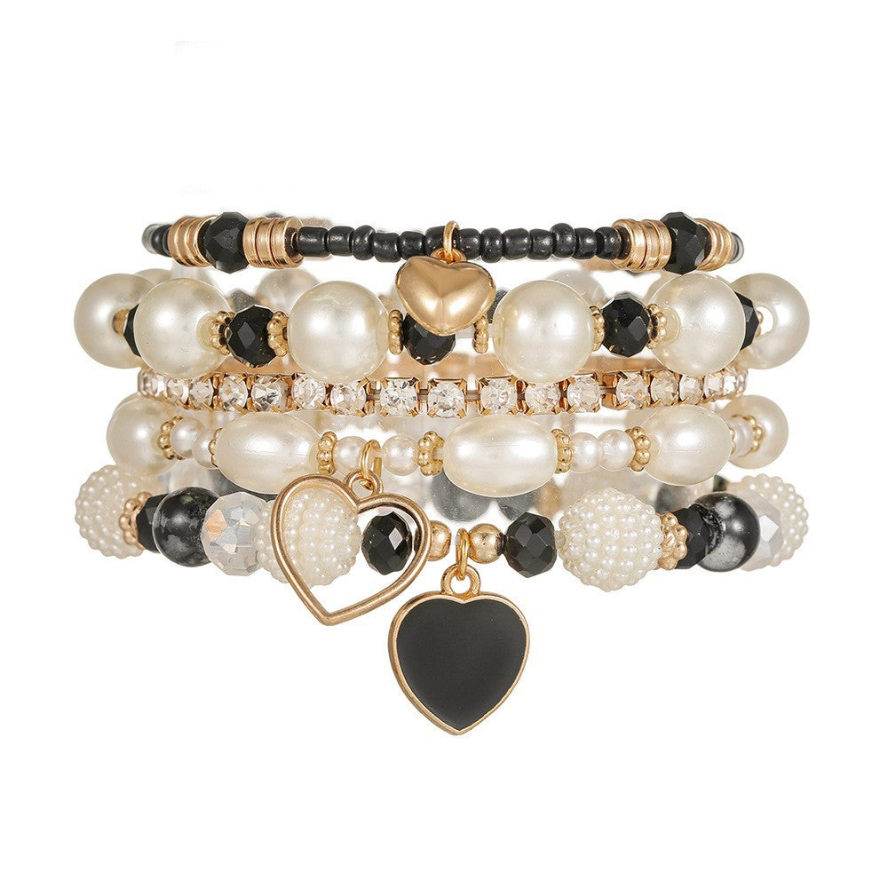 Fashion Red Crystal Beaded Heart Bracelet Multi-Layer Acrylic Geometric Jewelry for Women and Men