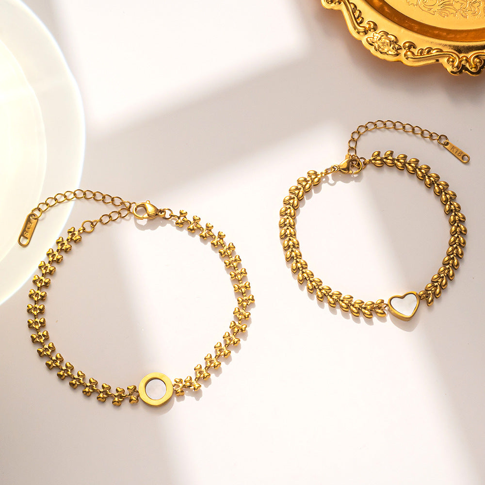 Vintage Wheat Sheaf Shaped Stainless Steel Bracelet with Gold Plating and Mother-of-Pearl Inlay for Women