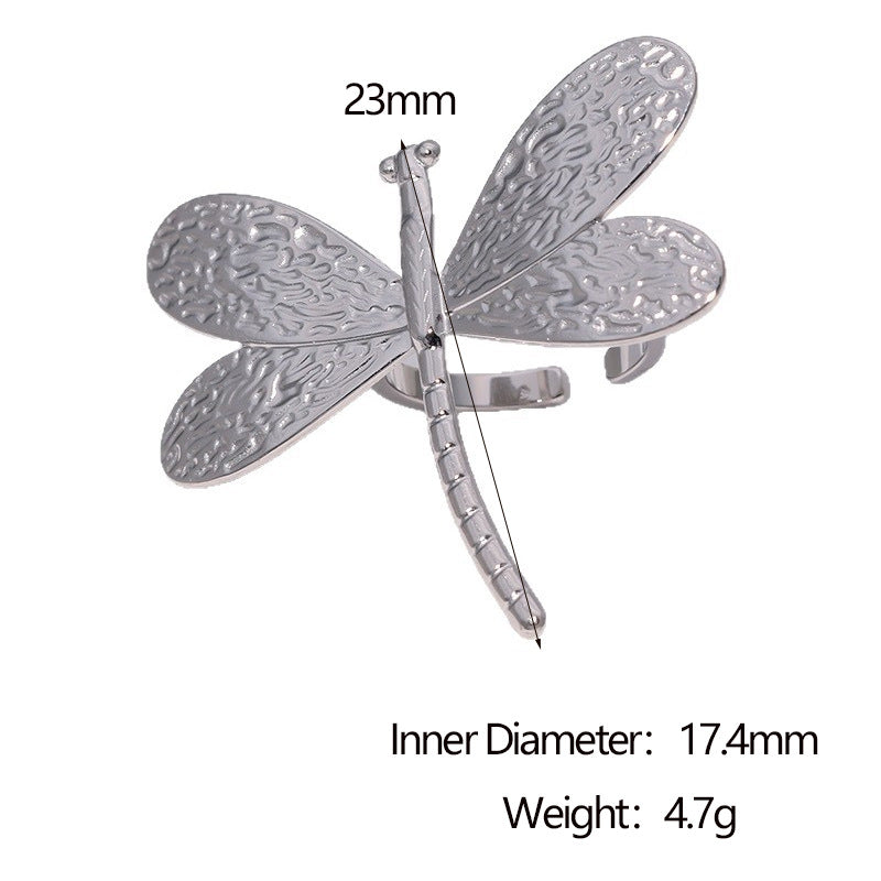 Minimalist Dragonfly-Shaped Stainless Steel Open Ring with Gold Plating for Women