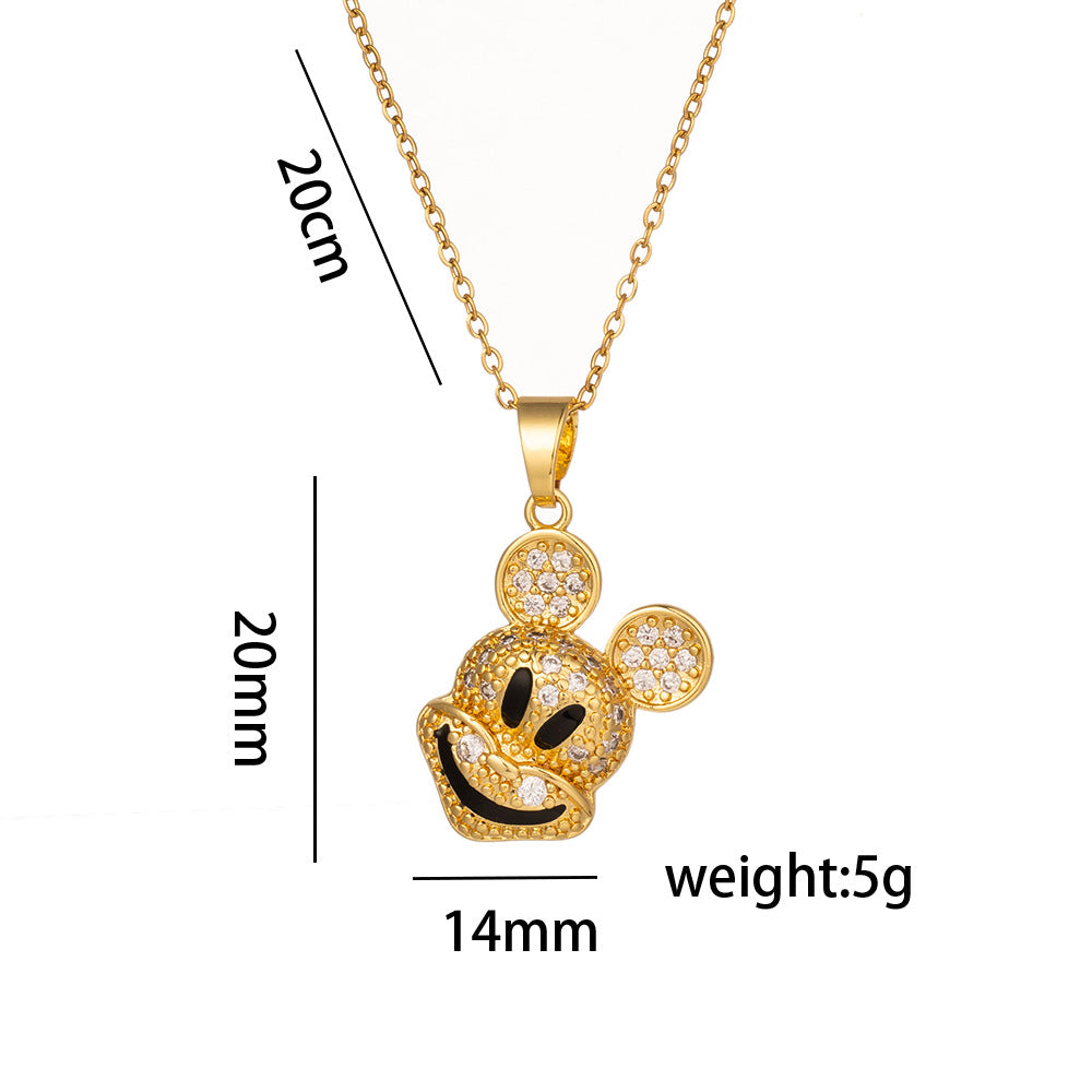 Minimalist Cartoon Mouse Pendant Necklace for Women in Titanium Steel with Rhinestone Inlay and O-Chain