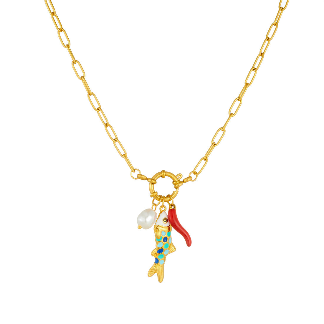 Colorful Drip Oil Fish Pendant with Imitation Pearl Stainless Steel Curb Chain Necklace for Women