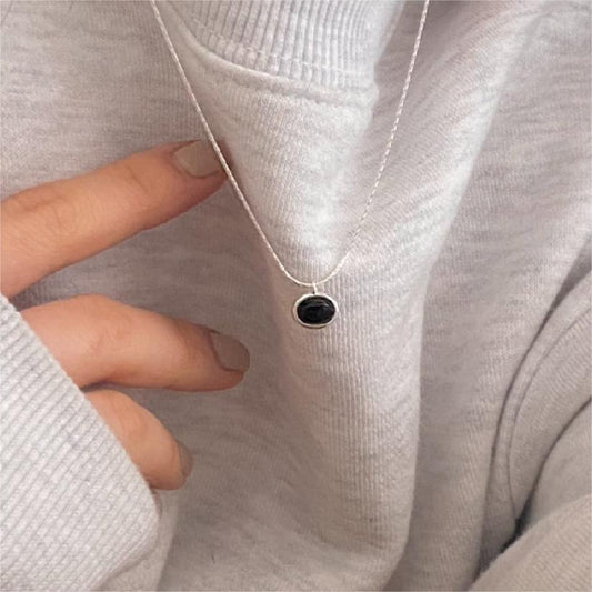 Minimalist Oval Black Onyx Necklace in 925 Sterling Silver for Women with Rainbow Accents