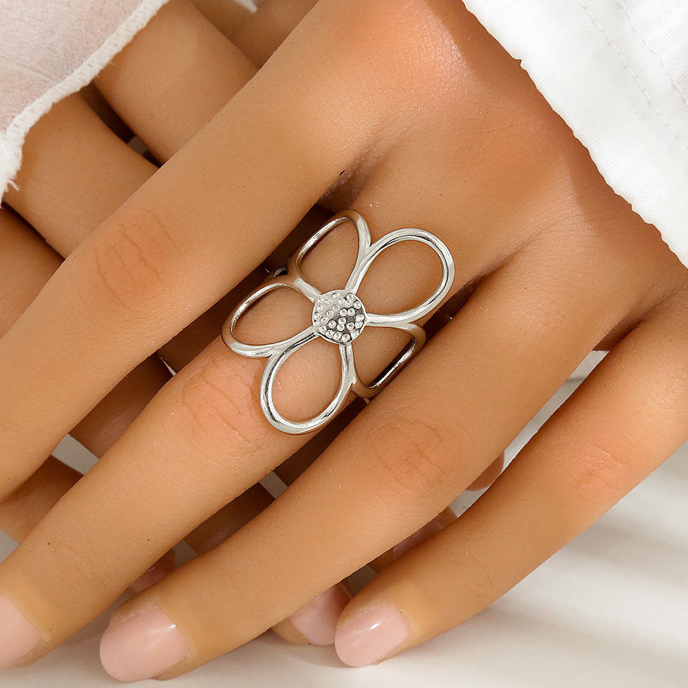 Anillo Abierto Ajustable Floral Minimalista de Acero Inoxidable con Baño de Oro y Plata para Mujer