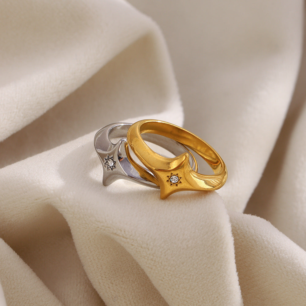 Minimalist Geometric Stainless Steel Ring with 18K Gold Plating and Rhinestone Accents for Women