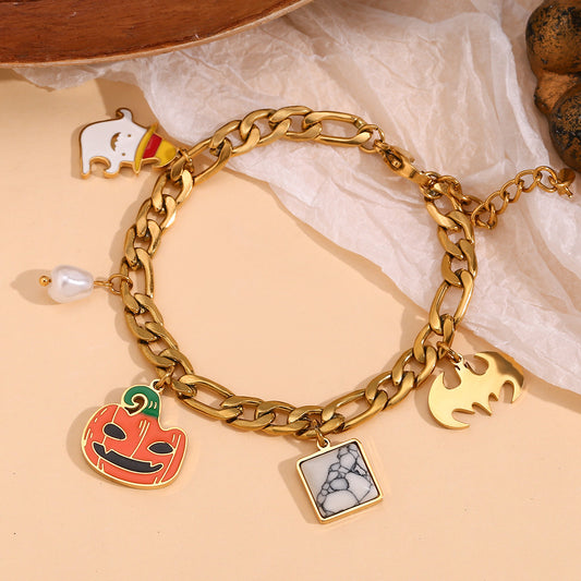 Bracciale Figaro da donna placcato oro 18 carati in acciaio inossidabile smaltato con teschio di zucca di Halloween alla moda