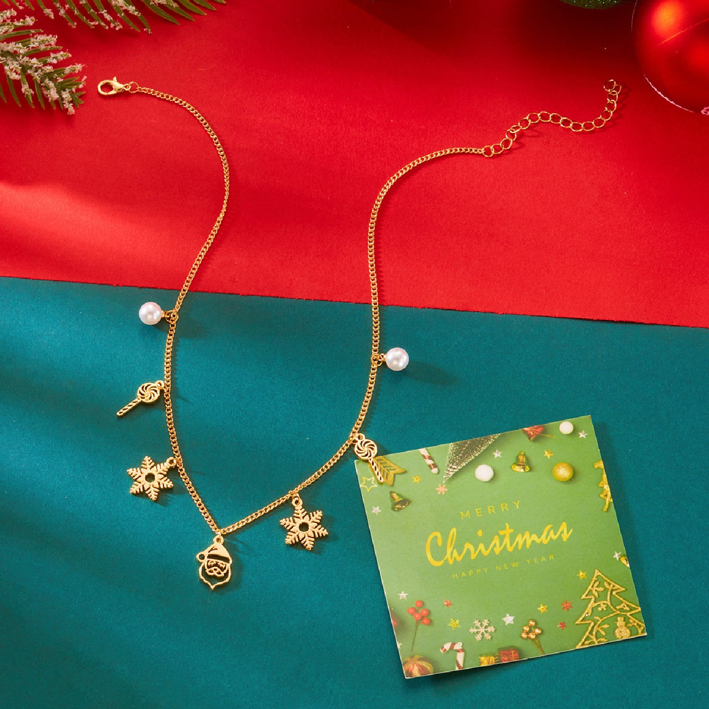 Collana con Ciondolo a Ghirlanda Natalizia alla Moda con Motivi di Campanella di Babbo Natale e Fiocco di Neve da Donna, Collana Placcata in Lega di Zinco per Regali di Natale