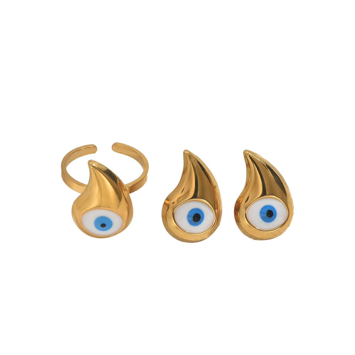 Elegante conjunto de anillo y pendientes de cobre esmaltado con forma de ojo para mujer