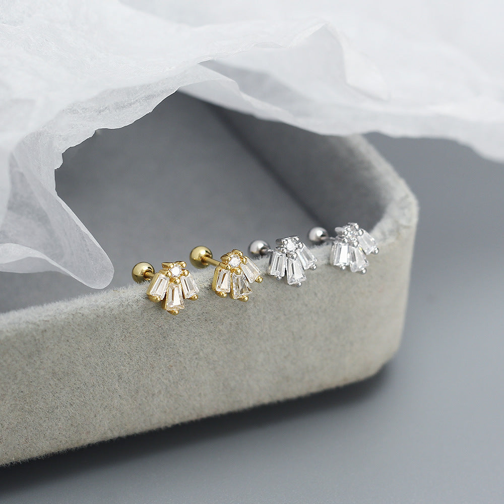 925 Sterling Silver Geometric Square Cubic Zirconia Threaded Cartilage Stud Earrings for Women