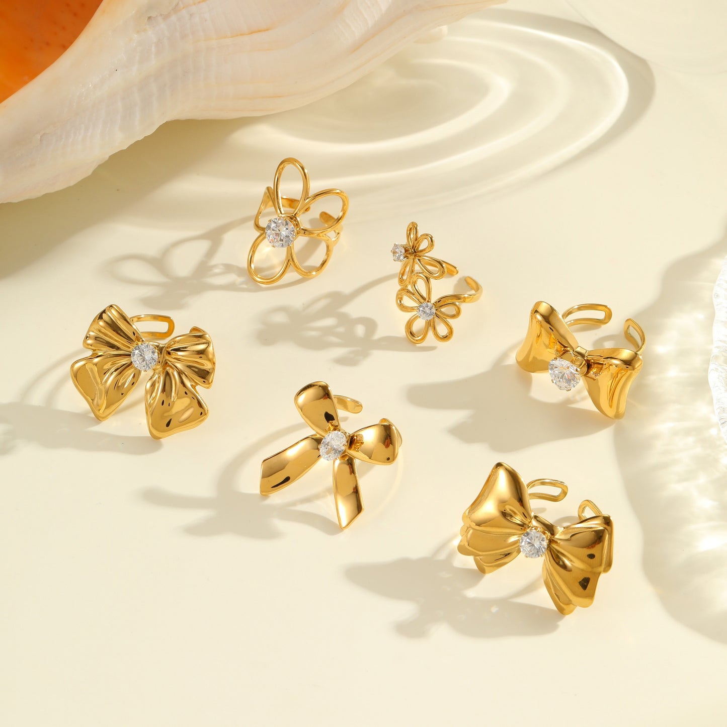 Anillo de Acero Inoxidable con Zirconia en Forma de Lazo, Chapado en Oro de 18K, Ajustable, Abierto, para Mujer