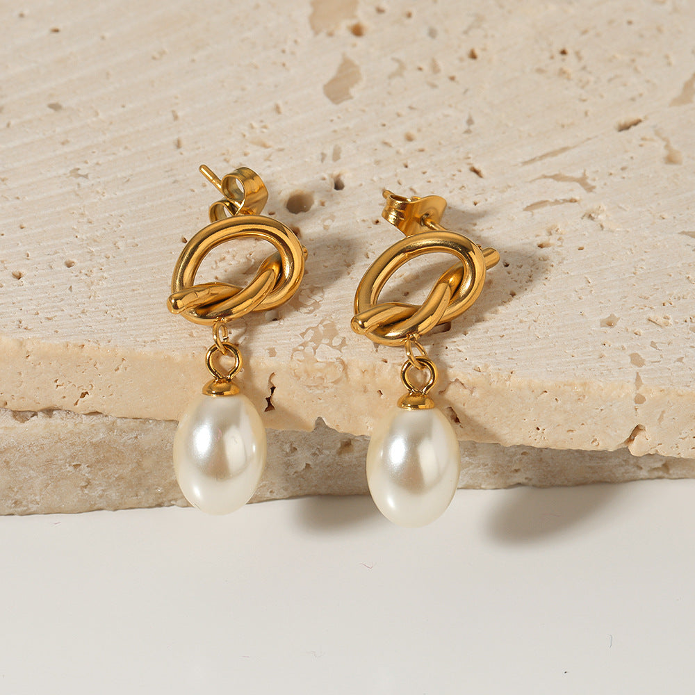 Vintage French Baroque Style Geometric Stainless Steel Earrings with Pearl Accents and Electroplated Finish for Women