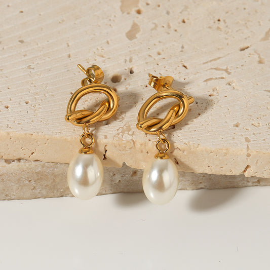 Vintage French Baroque Style Geometric Stainless Steel Earrings with Pearl Accents and Electroplated Finish for Women