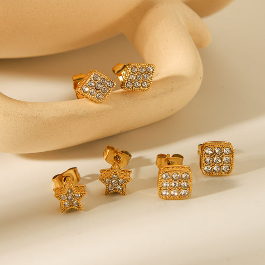 Orecchini a stella geometrici in acciaio inossidabile con intarsi di strass per donna, placcati in tonalità oro 18 carati, orecchini a perno minimalisti e alla moda