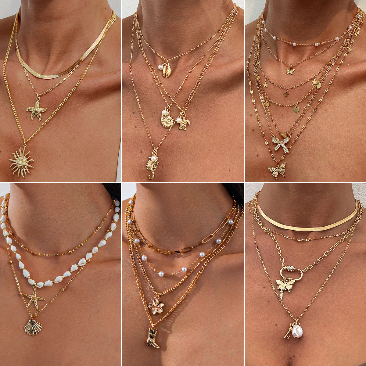 Collana con ciondolo a stella e fiore in stile vacanza per donna con perla finta, lega, finitura placcata, nappa e design geometrico su catena di perle
