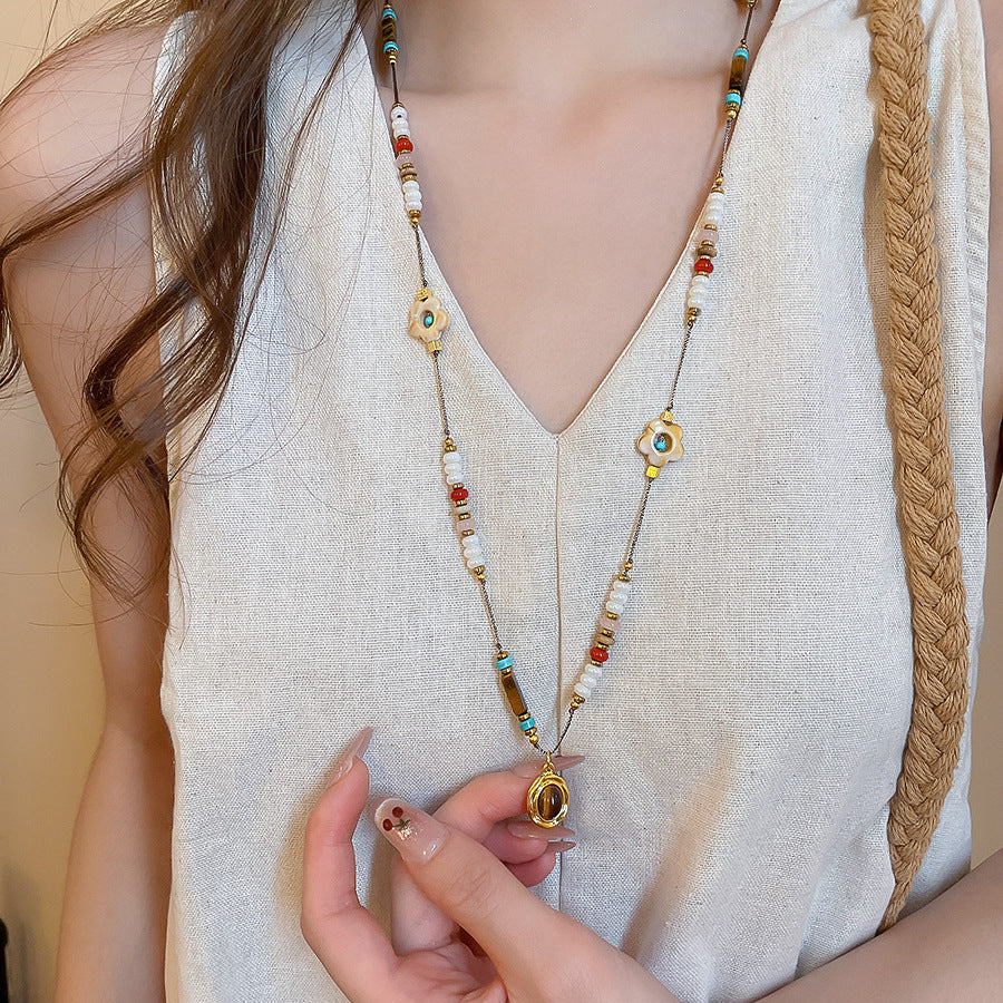Collana pendente occhio di tigre in stile retrò con design geometrico da donna, catena a maglie color oro, accessorio minimalista di lusso