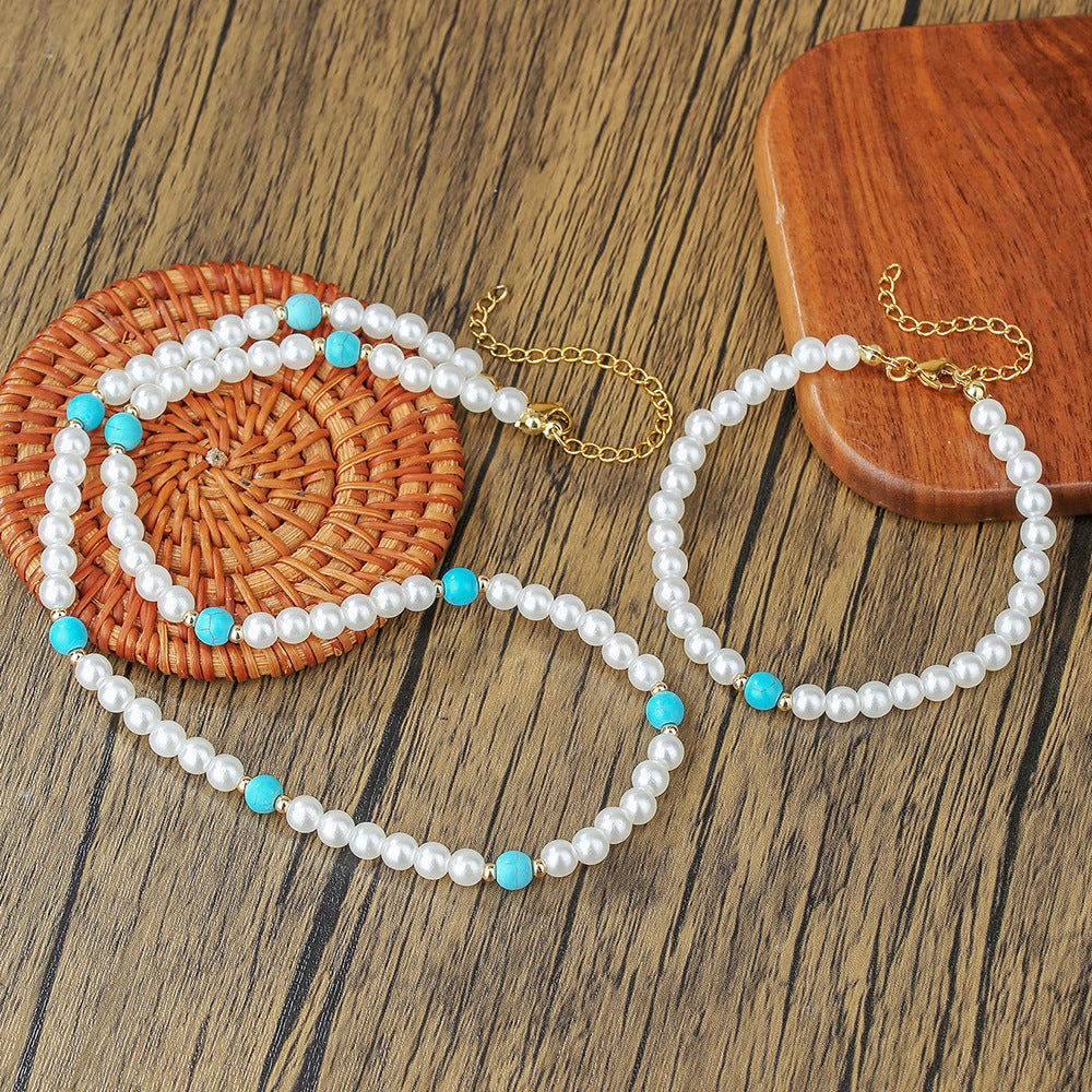 Geometric Round Imitation Pearl Turquoise Necklace Set