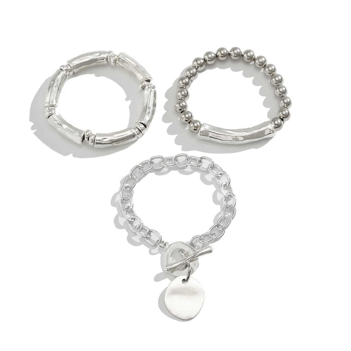 Vintage Lock-Shaped Alloy Bracelet Set with Plated Finish for Women, Stackable Elastic Beaded Bracelets Featuring Tassel and Chain Accents