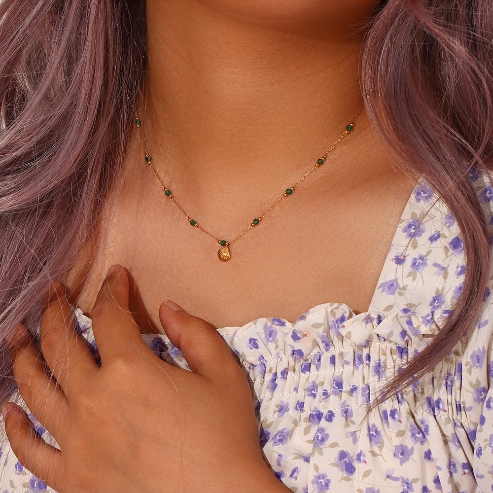 Minimalist Fashion Acrylic and Titanium Steel Geometric Clavicle Necklace with Green Bead and Shell Pendant