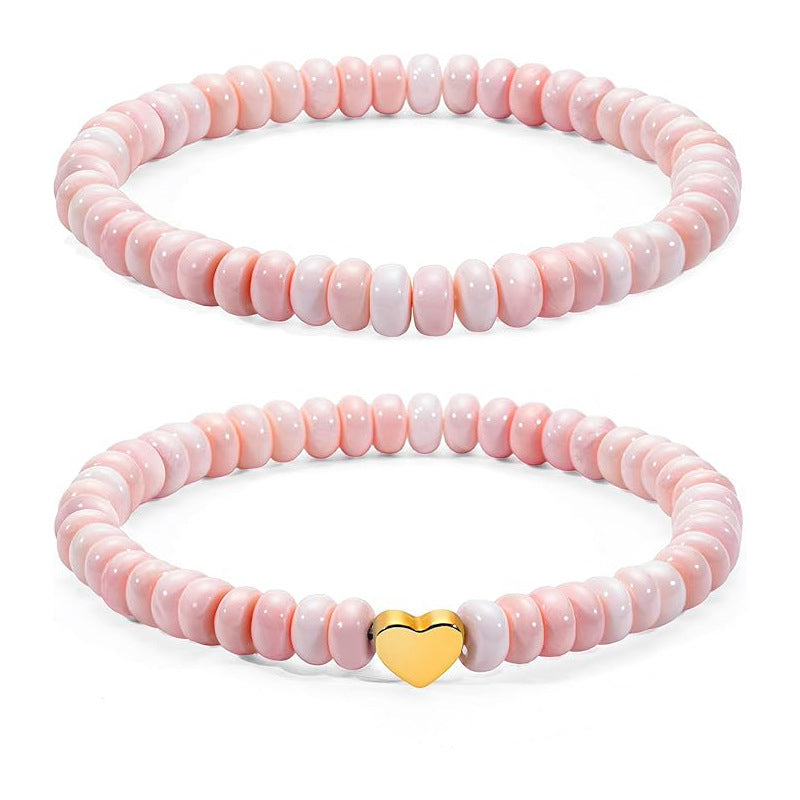 Vintage Natural Stone Agate Turquoise Heart Round Beaded Stretch Bracelet for Women