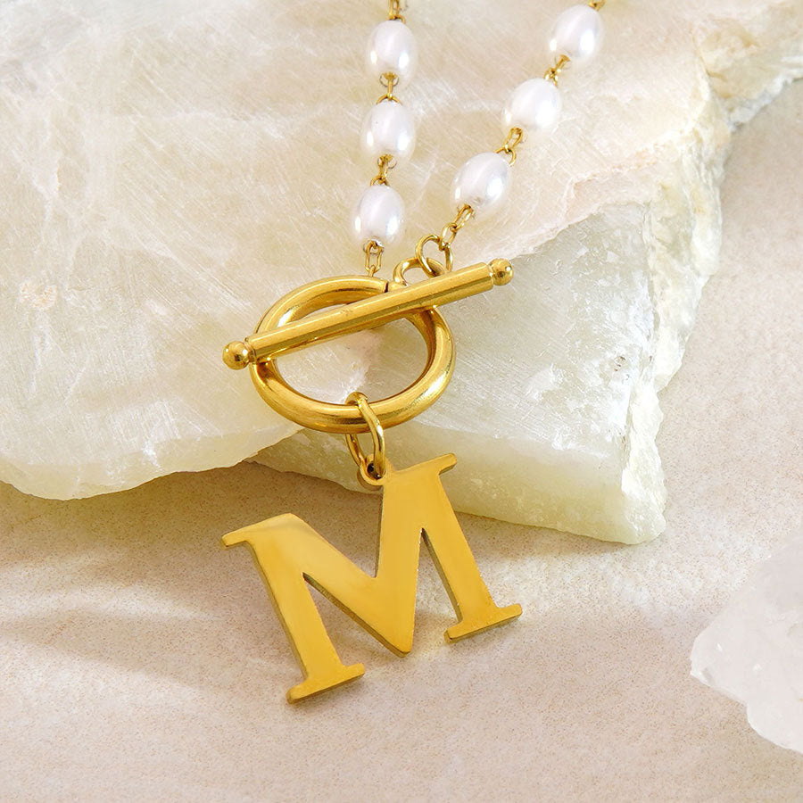 Elegant Stainless Steel Letter Pearl Pendant Ball Chain Necklace