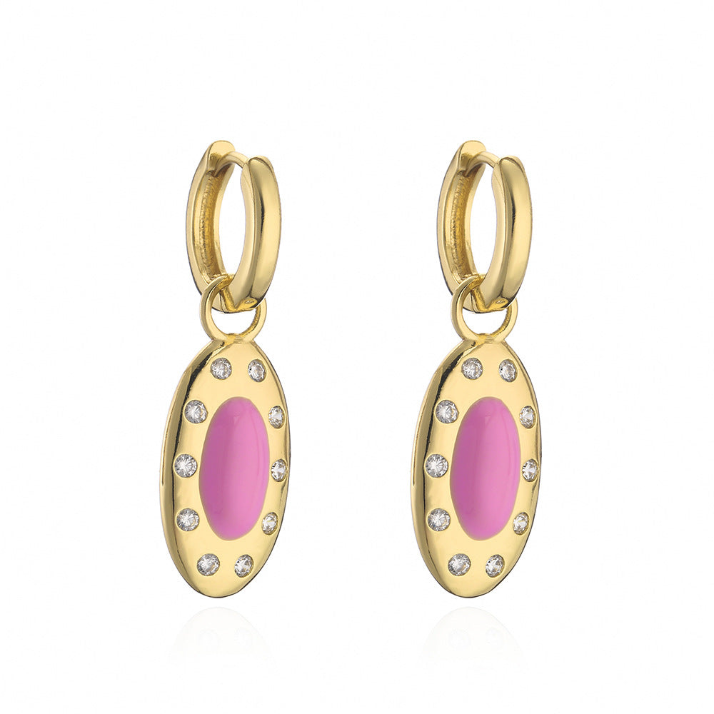 Minimalist Geometric Pendant Earrings in Copper with 18K Gold Plating and Enamel Finish, Micro-Paved Zirconia