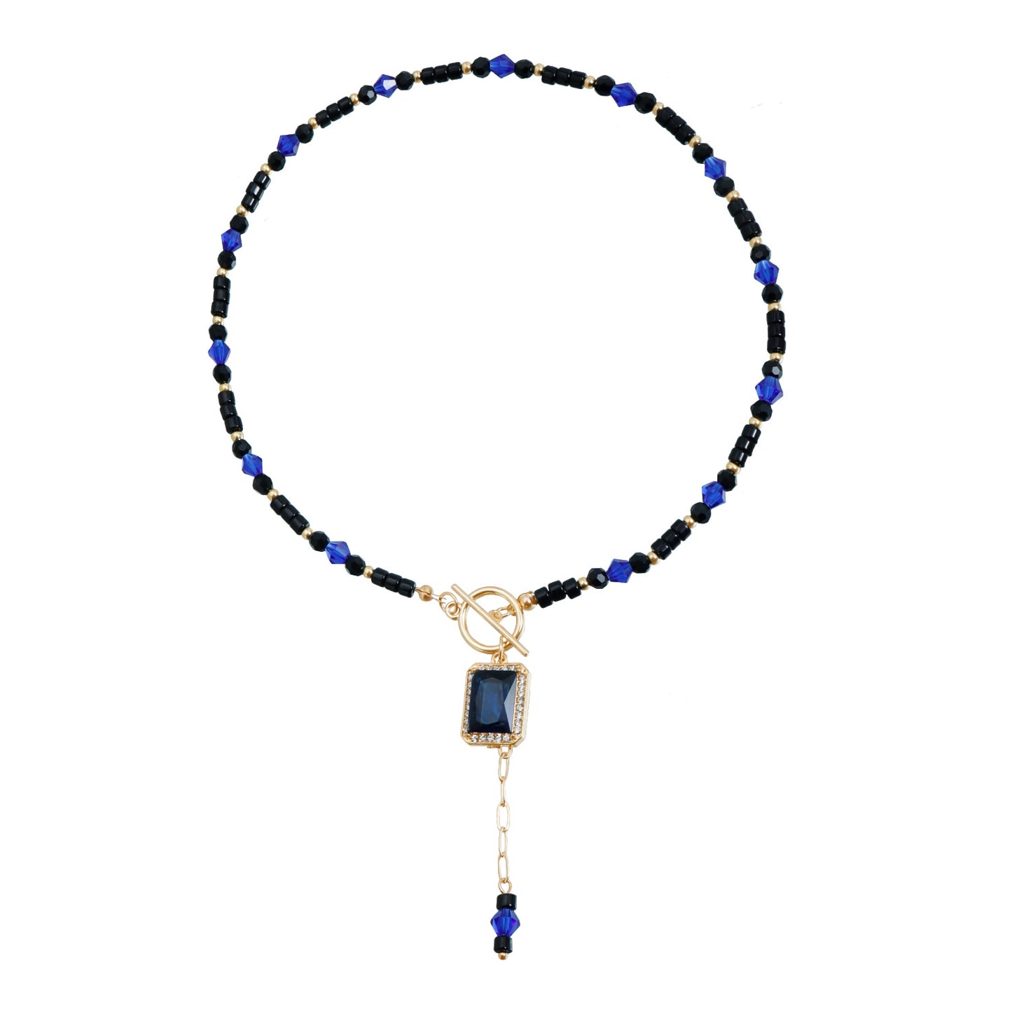 Streetwear Geometric Square Alloy Plated Necklace with Blue Crystal Inlay for Women and Men