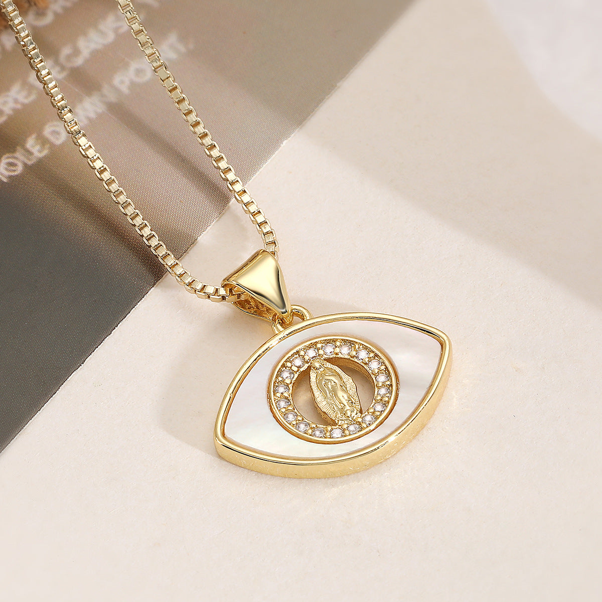 Vintage Minimalist 18K Gold Plated Brass Teardrop Virgin Mary Eye Pendant with Cubic Zirconia and White Mother of Pearl