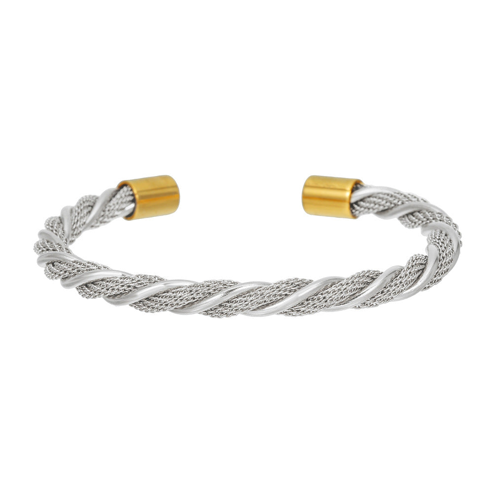 Adjustable Open-End Round Geometric Titanium Steel Stainless Steel Bracelet with Wire Winding Design