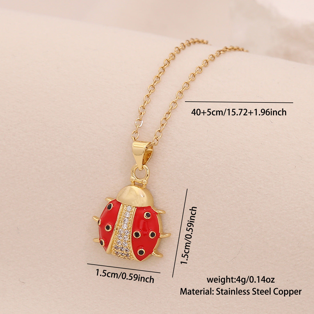 Cute Ladybug Pendant Necklace in Copper with Micro-Paved Zirconia, Enamel Finish, O-Chain, Animal-Themed Jewelry for Women