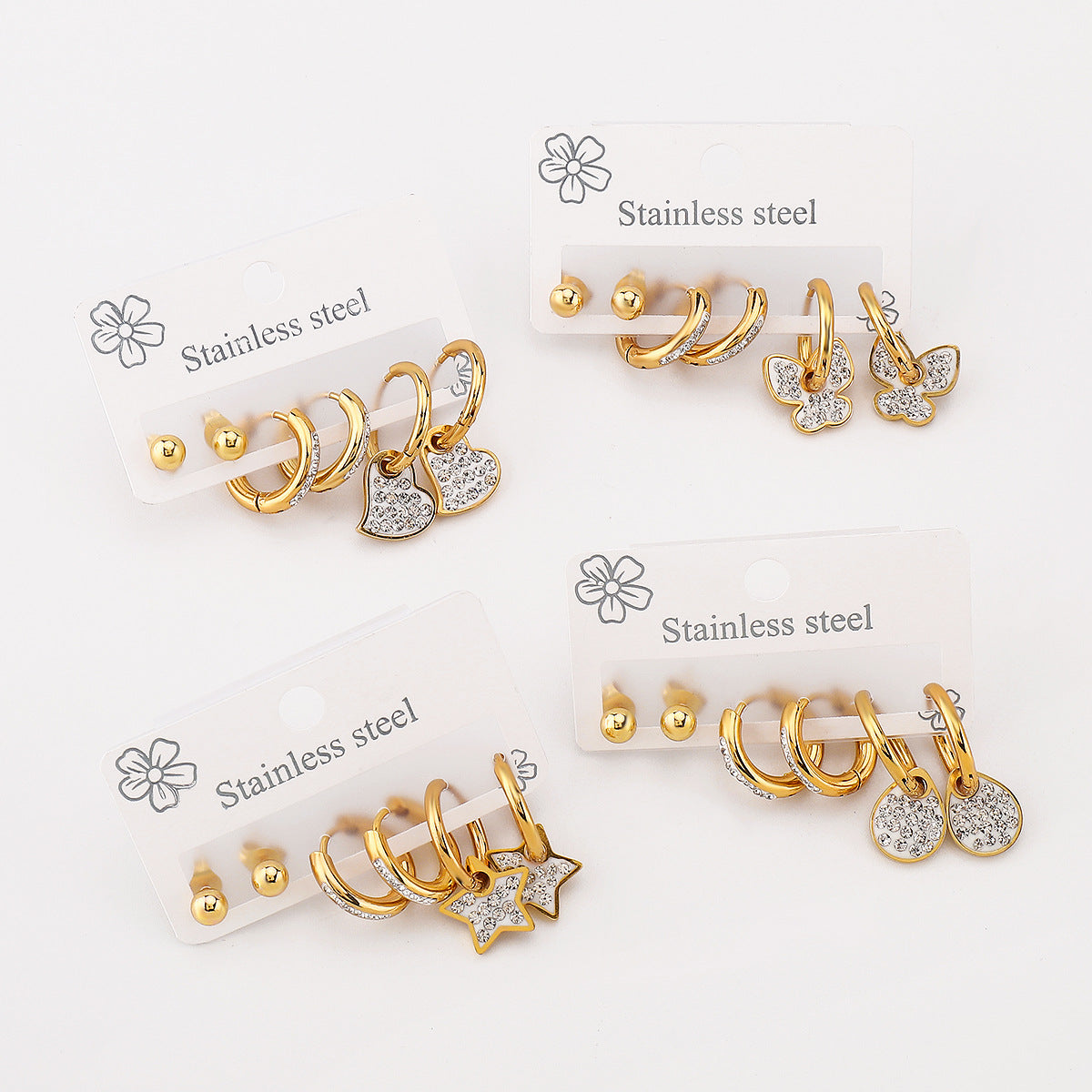 Minimalist Geometric Stainless Steel Rhinestone Ear Studs Set with Enamel Finish for Women