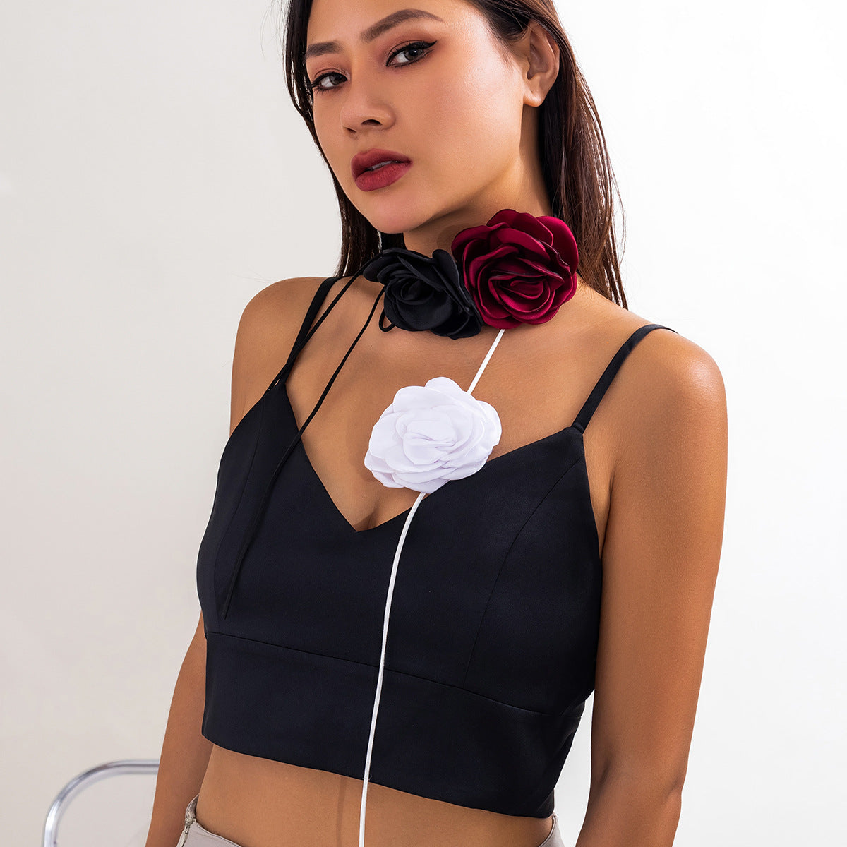 Floral Choker Necklace Set with 3D Rose and Camellia Design for Women, Fabric Band with Satin Finish, Geometric Floral Pattern