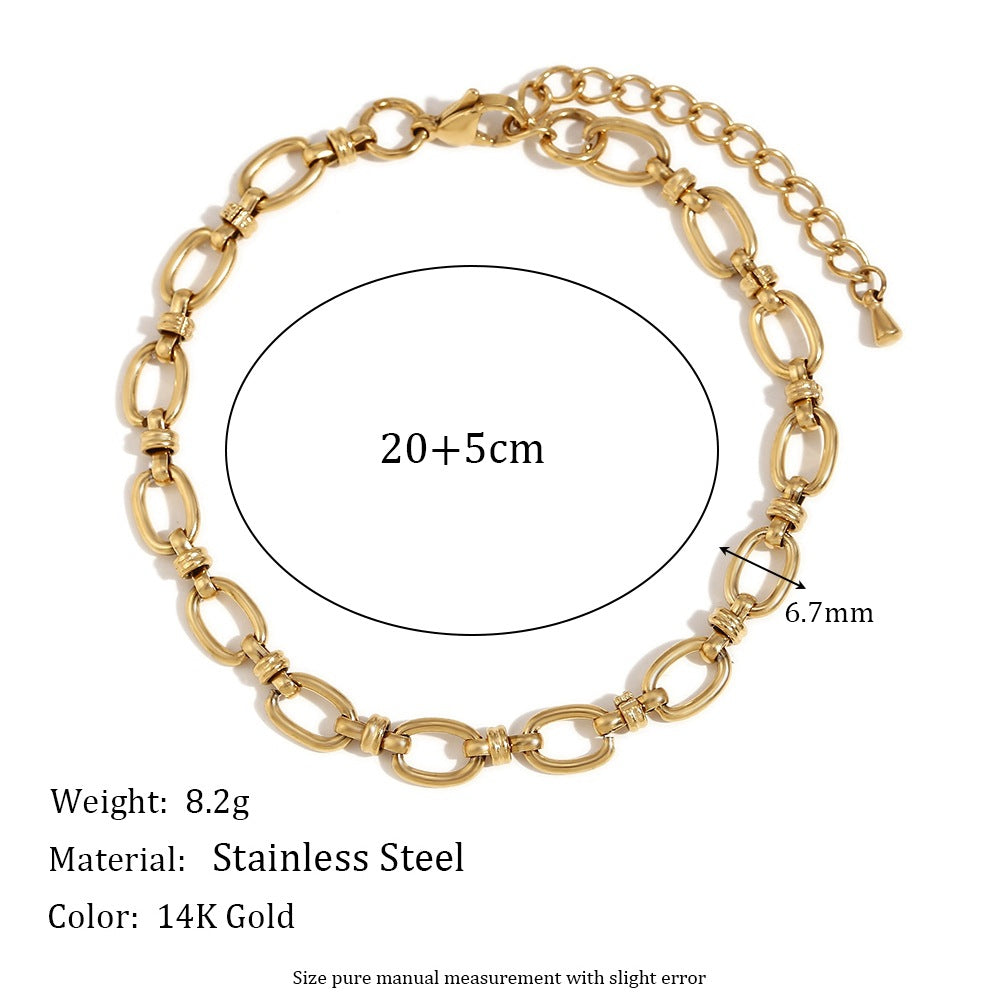 Tobillera geométrica minimalista de acero inoxidable con baño de oro de 14 quilates y cierre de cruz para mujer