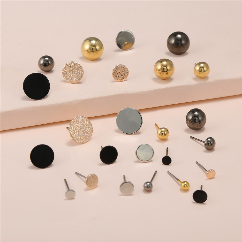 Set di Orecchini a Perno Tondi Geometrici in Lega Placcata Oro, Argento, Oro Rosa e Rodio Scuro per Donna