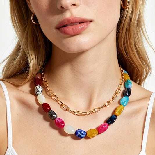 Casual Geometric Oval Resin Beaded Necklace Unisex Cable Chain