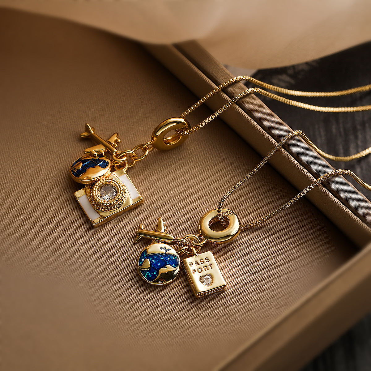 Minimalist Geometric Camera Pendant Necklace for Women with Copper Base and Real Gold Plating Featuring Zircon Inlay