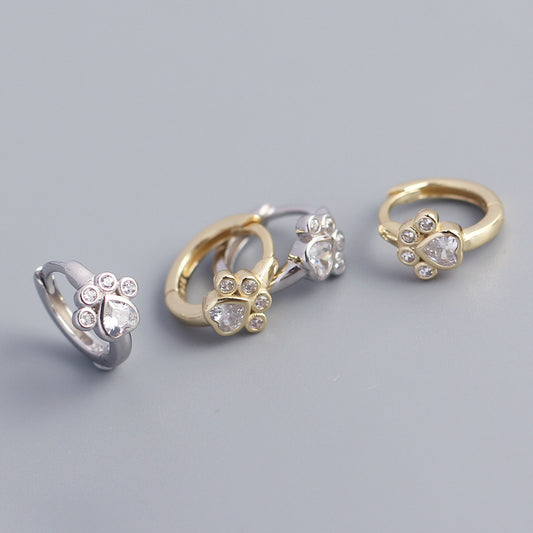 Sweet 925 Sterling Silver Inlaid Diamond Cat Paw Hoop Earrings